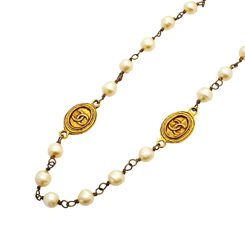 CHANEL Gold Pearl Logo Necklace